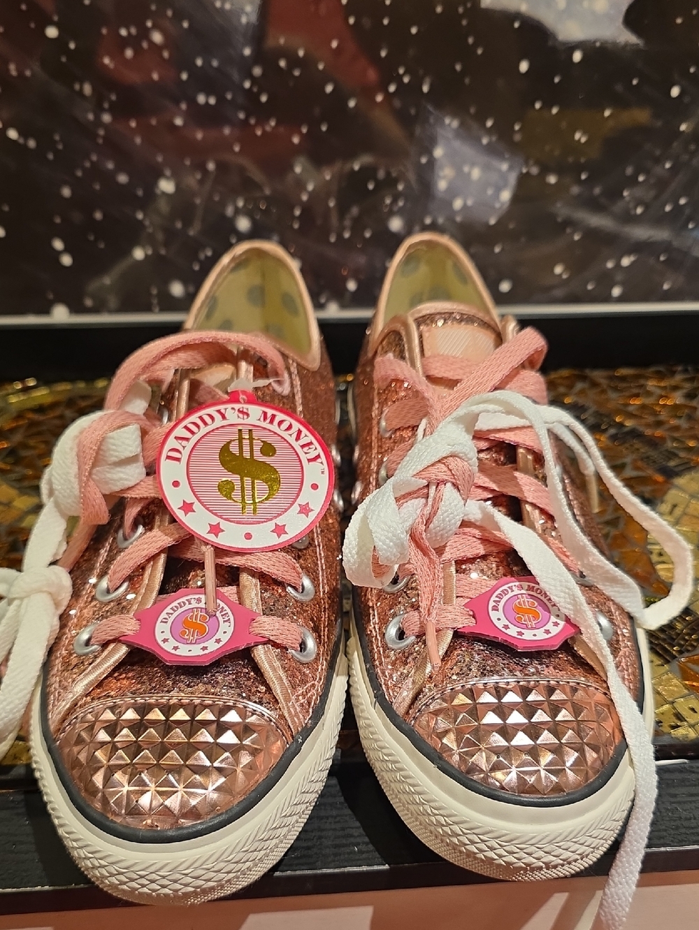 Girls' Pink Metallic Glitter Sneakers with Studded Toe